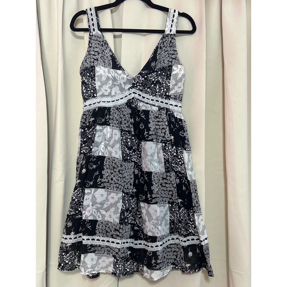 Fashion‎ Fuse Cotton Dress M Black White Patchwork Eyelet Lace Boho Mini